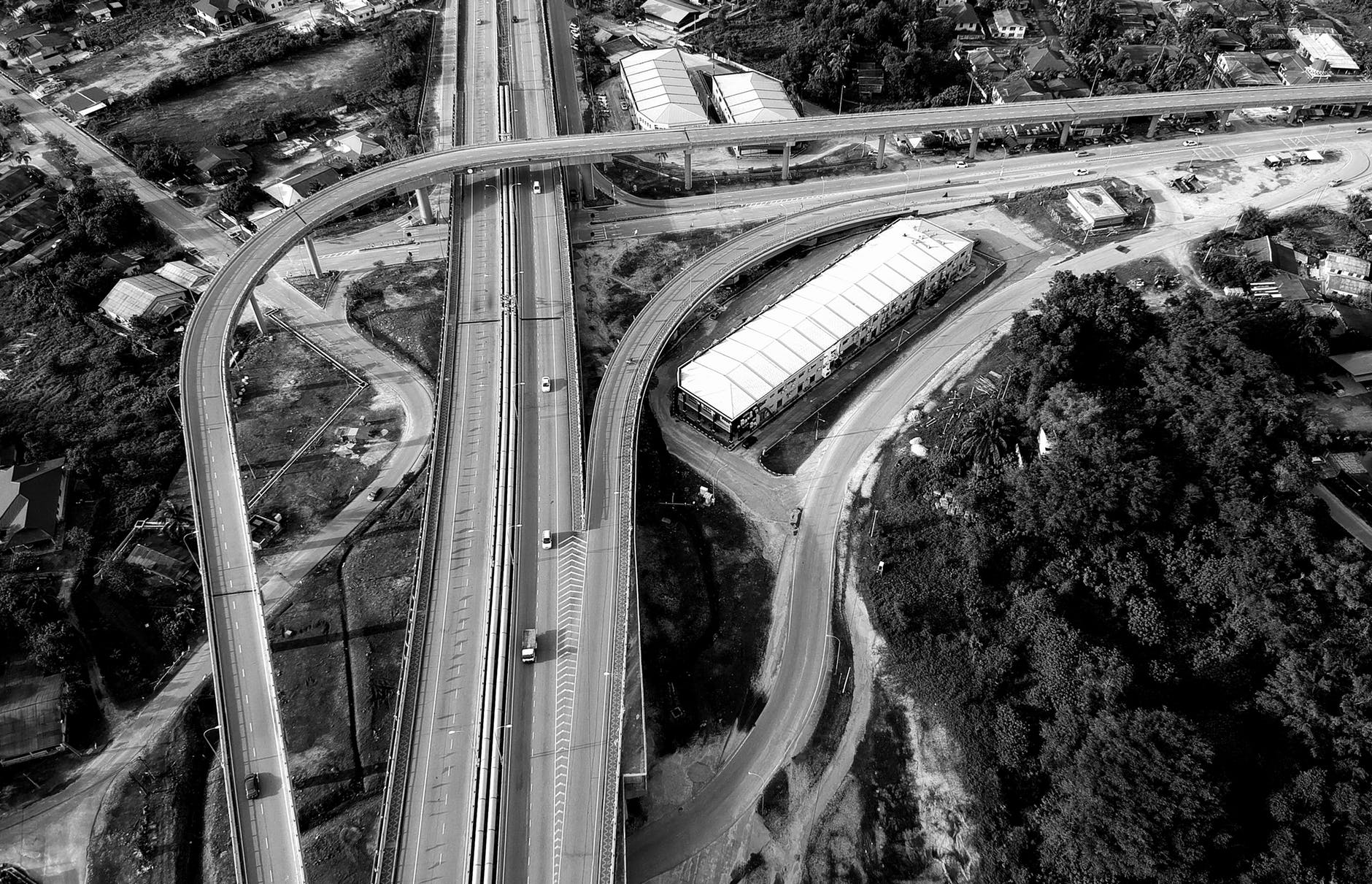 grayscale top view photography of roads near trees